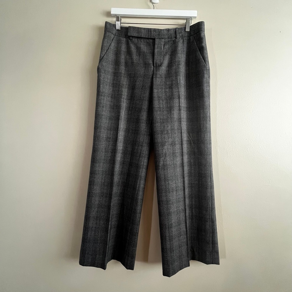 Strenesse gray glen plaid wool wide leg trousers size 8 cropped tailored
